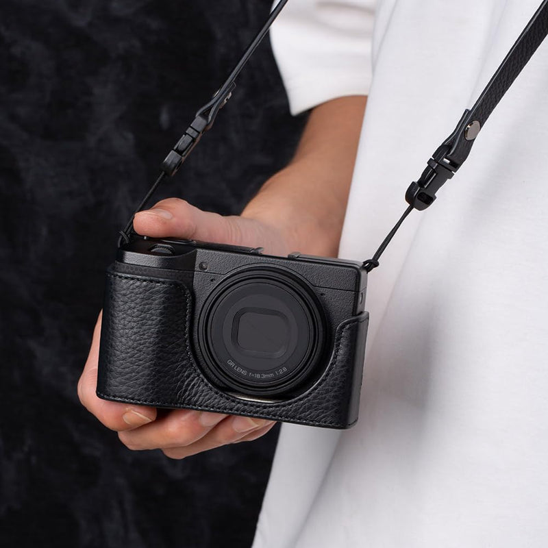 GRIV Vintage Genuine Leather Camera Case with Shoulder Strap for Ricoh GR IV/GR IV X/GR IV HDF/GR4 Handmade Half-Wrap Cover (Black)