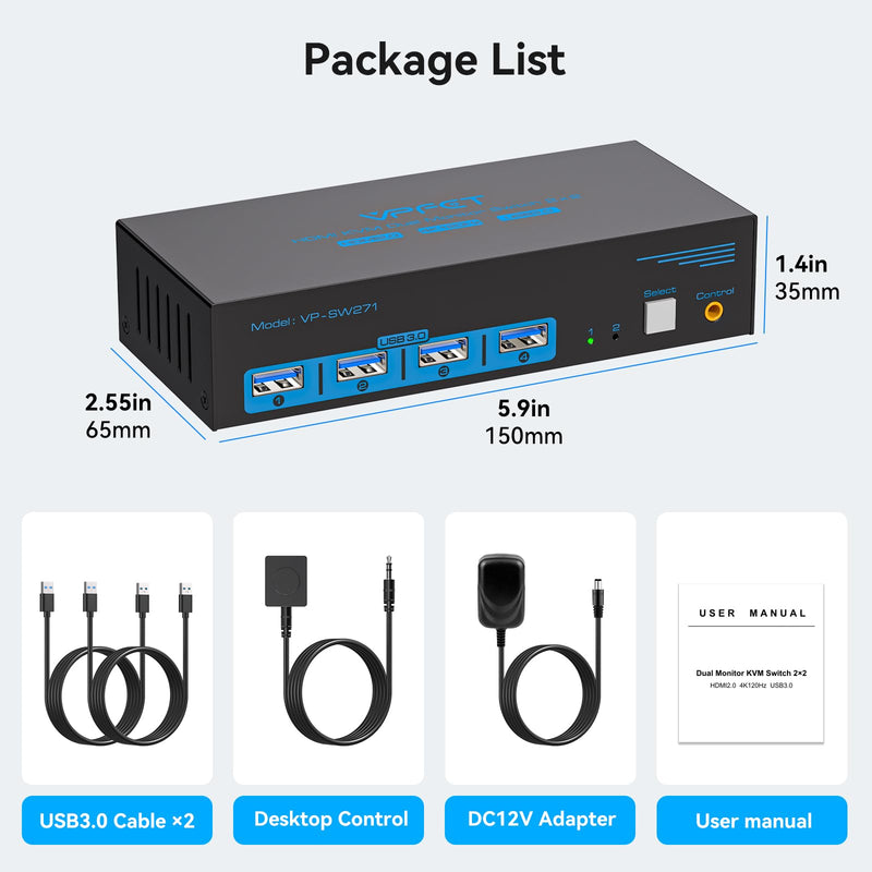 4K120Hz HDMI KVM Switch 2 Monitors 2 Computers 8K USB 3.0 KVM Switches for 2 Computers Share Dual Monitor and 4 USB Devices Support Extended/Copy Mode with DC 12V/1A&Wired Controller 2 PC 2 Monitors Deep Blue