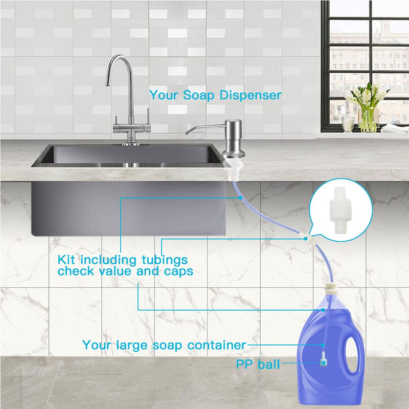 Dish Soap Dispenser for Kitchen Sink (Brushed Nickel), Countertop Sink Soap Dispenser Water Pump with 47” No-Spill Extension Tube Kit Design for Kitchen Bathroom, No More Refills （Sliver） Brushed Nickel