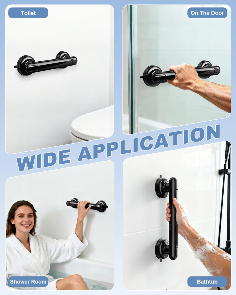 JOTPE 2 Pack Suction Shower Handle, Removable Bathroom Handle, No Drilling, Easy Installation with Locking Latches, Reusable Vacuum Suction Handle for Smooth Non-Porous Surfaces, 11 Inch 2 x Medium Black