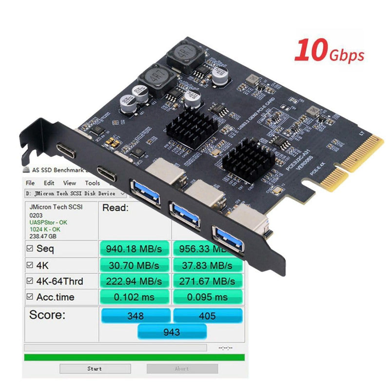 chenyang 5 Port PCI-E 4X to 2 USB C/3 USB 3.0 Panel Socket USB 3.2 Gen2 PCI Express Expansion Card Adapter with ASM3142 VL822 Dual Chipset 5 Port 2 USB C/3 USB 3.0