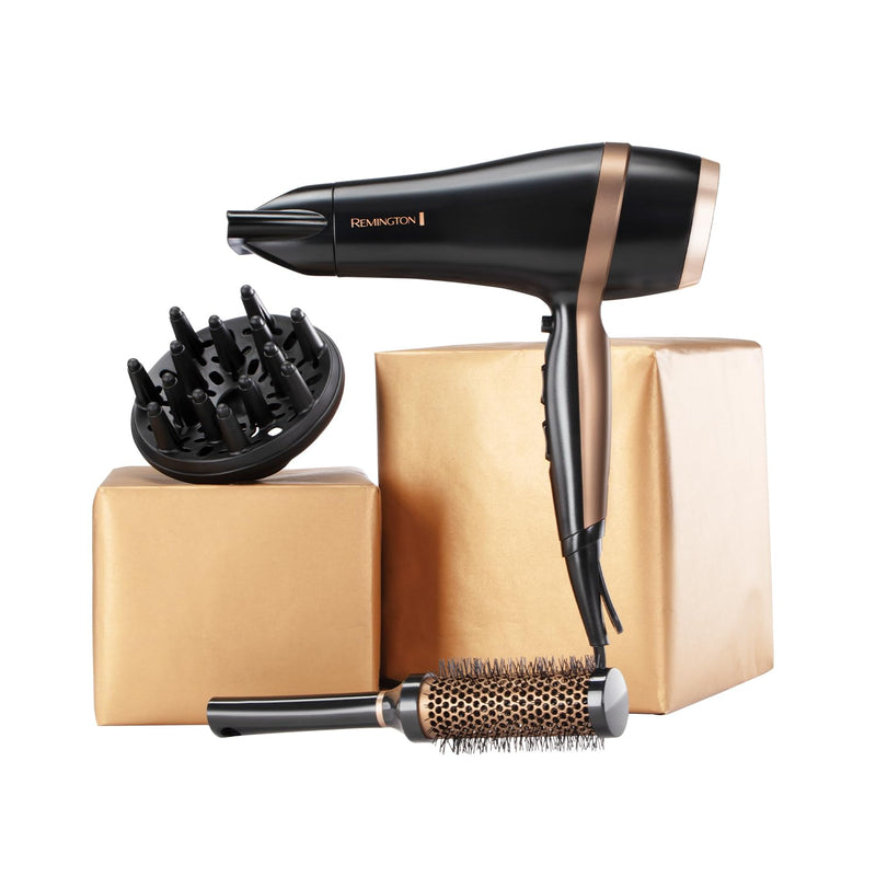 Remington Hair Dryer Gift Set, 2000W, Ceramic Ionic Grille, Black | Includes Concentrator, Diffuser, 3 Heat & 2 Speed Settings, Cool Shot, Premium Storage Bag, Round Brush