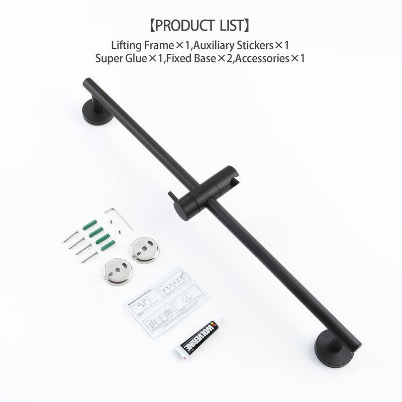 SKOWLL Adjustable Slide Bar 26 Inch Shower Silde Bar No Drill, Stainless Steel Shower Slide Bar with Handheld Shower Head Holder, Wall Mount Sliding Shower Bar for Bathrooms, Outdoors, Matte Black