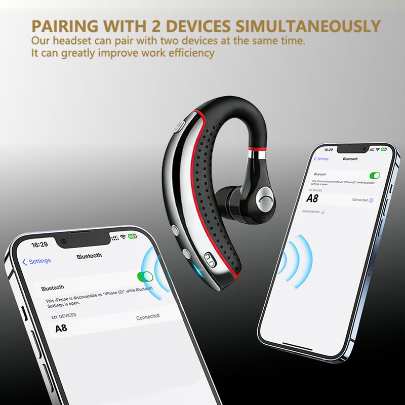 SneKa Bluetooth Headset, Wireless Bluetooth Earpiece with 500mAh Charging Case, 72-Hour Talk Time, and for iOS/Android Phones, V5.3 Hand-Free Headphones for Trucker, Office,Business Red