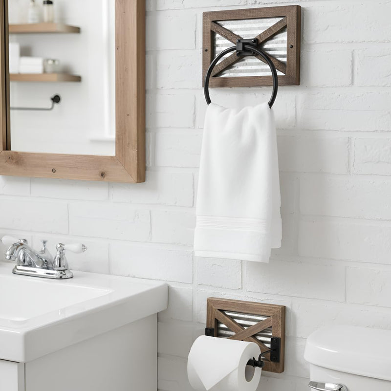 Autumn Alley Farmhouse Toilet Paper Holder and Rustic Towel Holder Set, Wall Mount, Rustic Wall Toilet Paper Holder and Bathroom Hand Towel Holder Decor, Wooden Brown