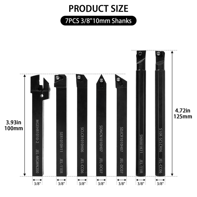 Indexable Lathe Turning Tool 21Pcs Kit,7 Pcs Metal Lathe Tool Holder Set and 14 Pcs Turning Inserts,3/8'' 10mm Shank with Carbide Inserts for Turning Grooving Threading Boring 7pcs 3/8'' 10mm Shanks+14pcs Inserts