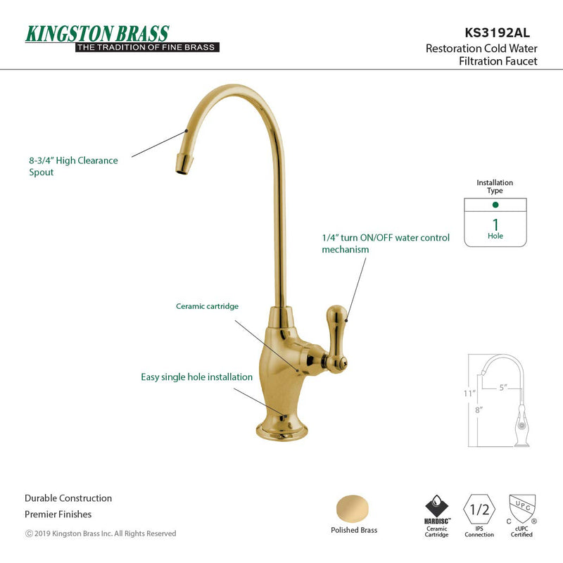 Kingston Brass Gourmetier KS3192AL Restoration Single Handle Water Filtration Faucet, Polished Brass, 10.81 x 4.63 x 1.75