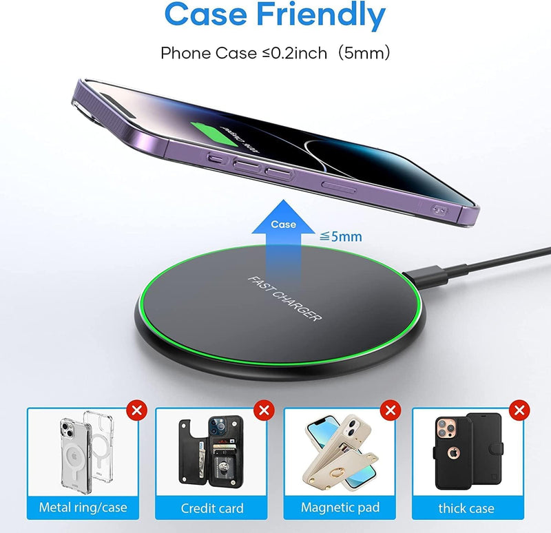Wireless Charging Pad, Fast Wireless Charger, Ultra Slim USB Charging Dock with LED Indicator Light, Non-Slip Fast Charge Stand for iPhone/Samsung Galaxy/Android Smartphones