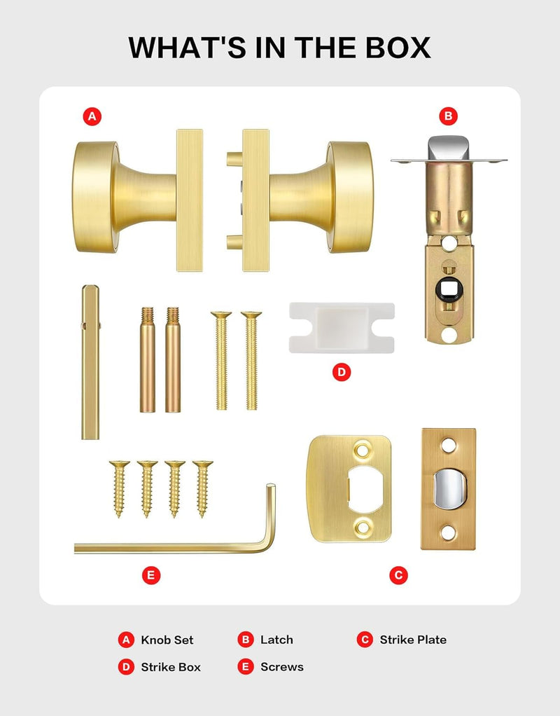 Lethato Brushed Gold Interior Passage Door Knob, Contemporary Zinc-Alloy Heavy Duty Door Knobs, Round Gold Handle, Non-Locking Doorknob for Hallway Closet Bedroom Bathroom (1 Pack) 1 Pack(Passage)