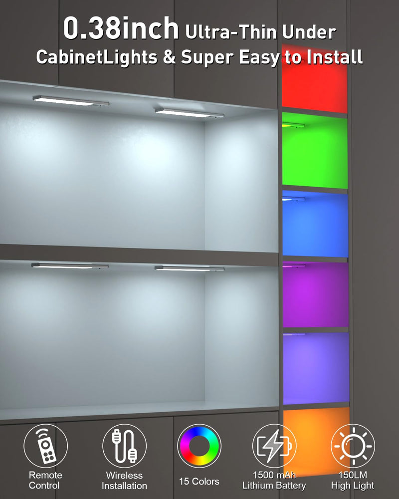 79-LED Under Cabinet Lighting, 15 Colors Uitra-Thin Closet Lights Rechargeable Wireless Under Counter Lighting with Remote Control, Dimmable RGB Light Bars for Kitchen Showcase Shelf, 3 Pack