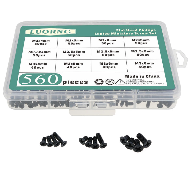 560PCS Black Carbon Steel M2 M2.5 M3 Laptop Replacement Screw Set Countersunk Head Flat Head Phillips Miniature Screws for Dell Samsung HP Sony Laptop