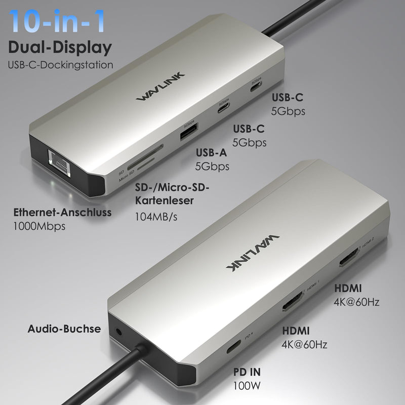 WAVLINK Laptop Docking Station, WAVLINK Docking Station Dual HDMI | Dual 4K@60Hz, 100W PD in,3×USB-A 5Gb, Gigabit Ethernet,SD/TF, Compatible with Dell/HP/Lenovo, Windows Only