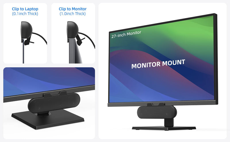 Computer Speakers for Desktop PC Monitor, External Speakers for Laptop, USB-Powered, Plug-n-Play, Wired, Clip-On, Small Computer Soundbar for PC, with Loud Sound, Rich Bass, G-Sensor, USB-C Adapter