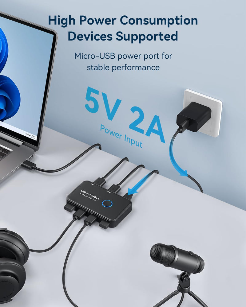 USB 3.0 Switch, ABLEWE KVM Switch Selector 2 Computers Sharing 4 Devices KVM Switcher for PC, Printer, Scanner, Mouse, Keyboard with 2 Pack USB Cable,1 Micro USB Power Cable Black