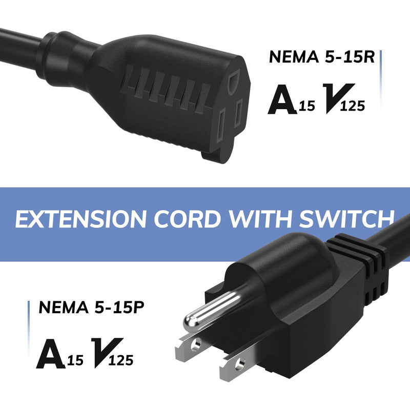 2-Way 3 Prong Extension Cord with Switch ON/Off, Heavy Duty Outdoor Extension Cord Splitter with One NEMA 5-15P Plug and Two NEMA 5-15R Receptacles, Black,15FT 15FT