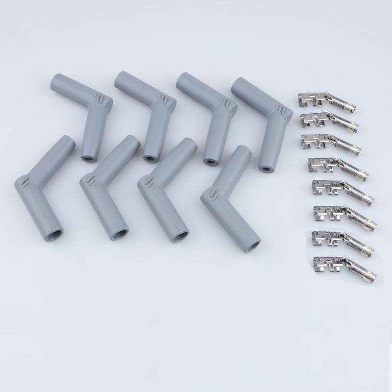 45 Degree Replacement Spark Plug Wire Silicone Boot and Terminal Kits for 7mm-8.5mm Wire, Pack of 8 45 Degree Gray