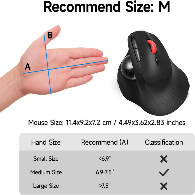 Dual Mode Wireless Vertical Computer Trackball Mouse, Ergonomic Bluetooth Thumb-Control Mouse with Quiet Clicks Ergonomic Design Adjustable CPI ,Built-in 500mAh Battery Rechargeable for PC/Mac/Laptop