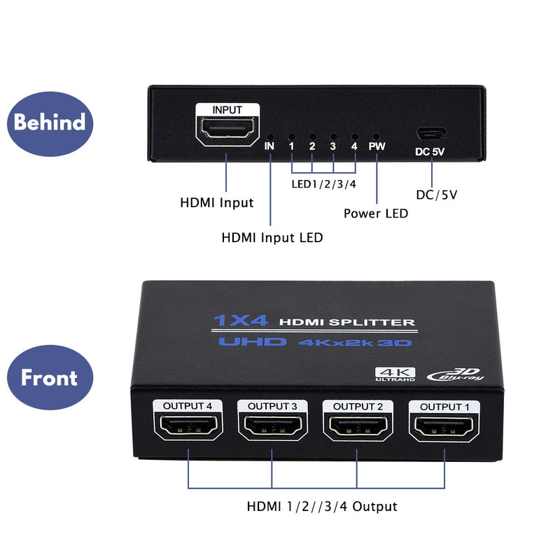 1x4 HDMI Splitter, 1 in 4 Out HDMI Splitter Audio Video Distributor Box Support 3D & 4K x 2K Compatible for HDTV, STB, DVD, PS3, Projector Etc