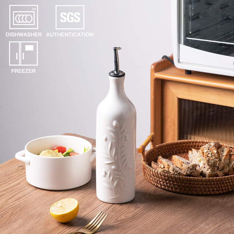 Sweejar Large Olive Oil Dispenser Bottle with Spout, 24 Oz Ceramic Oil Dispenser for Kitchen, Relief Opaque Oil Cruet, Oil Container for Cooking, EVOO, Avocado Oil, Vinegar, Pack of 1 (White) White Patterned styles