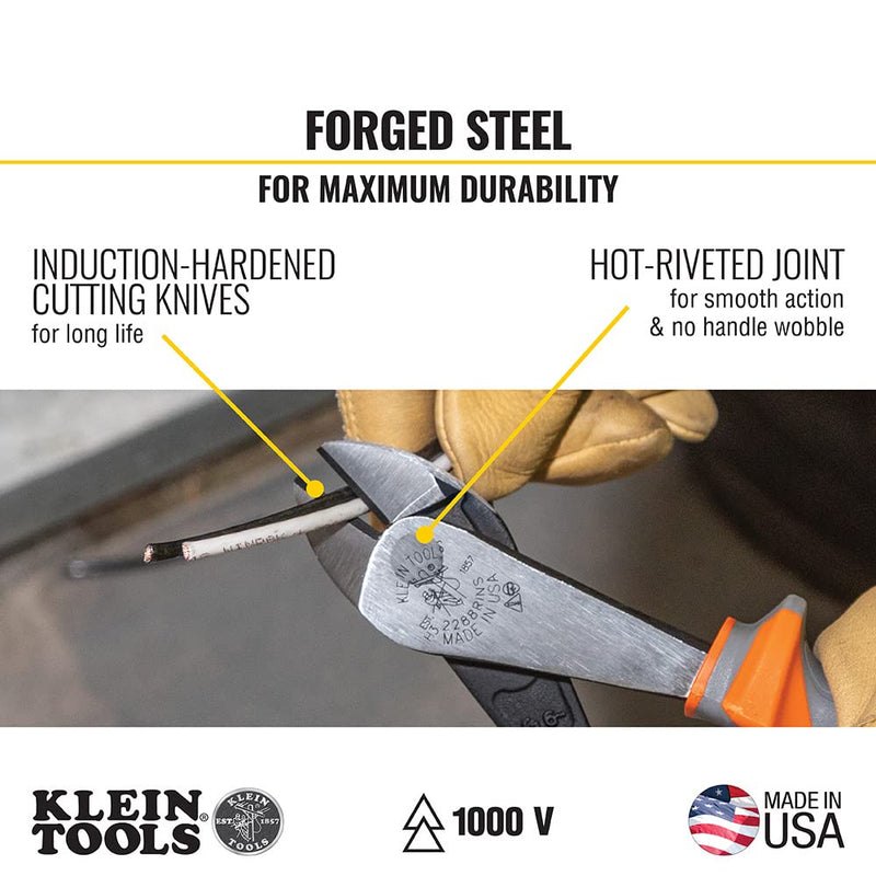 Klein Tools 2288RINS 1000V Insulated Diagonal Cutter Pliers, Made in USA, High Leverage Design, Induction Hardened Knives, 8-Inch 1-Piece 4-Piece Kit