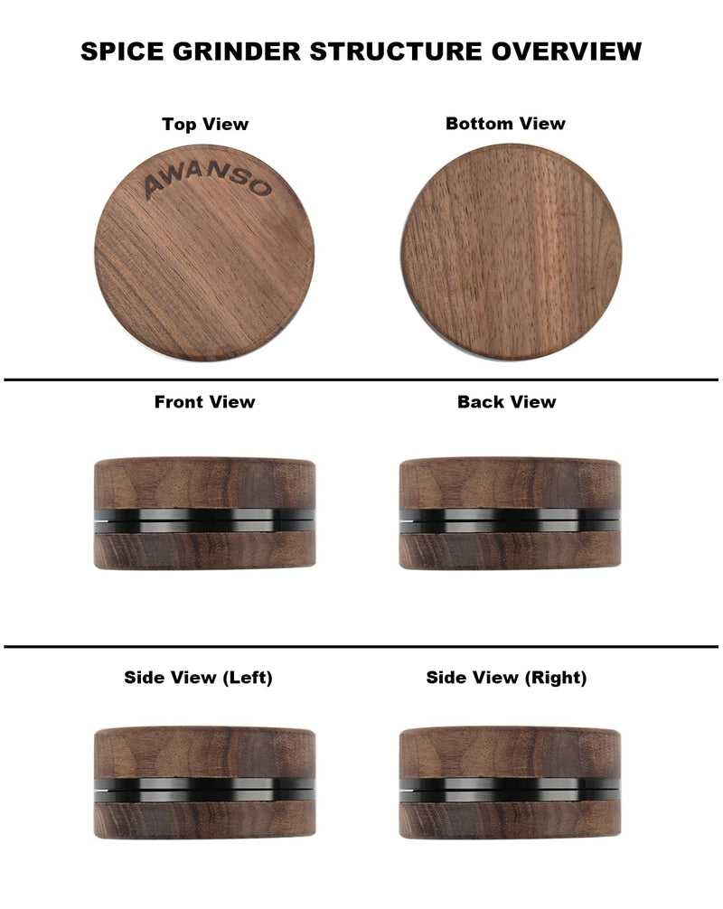 2-Piece Grinder, 2.5" Walnut Wood and Aluminum Grinder for Kitchen Brown 2.5"