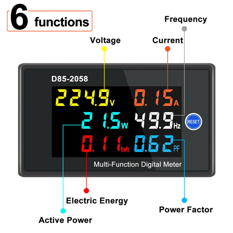 6-in-1 Multi-Function Energy Meter, Large Color LCD Display Panel, AC 80V-300V 100A Digital Voltmeter Ammeter, Power (W/kW) Energy (kWh) Frequency Hz Power Factor (PF) Detector with 100A CT 6 in 1 Meters