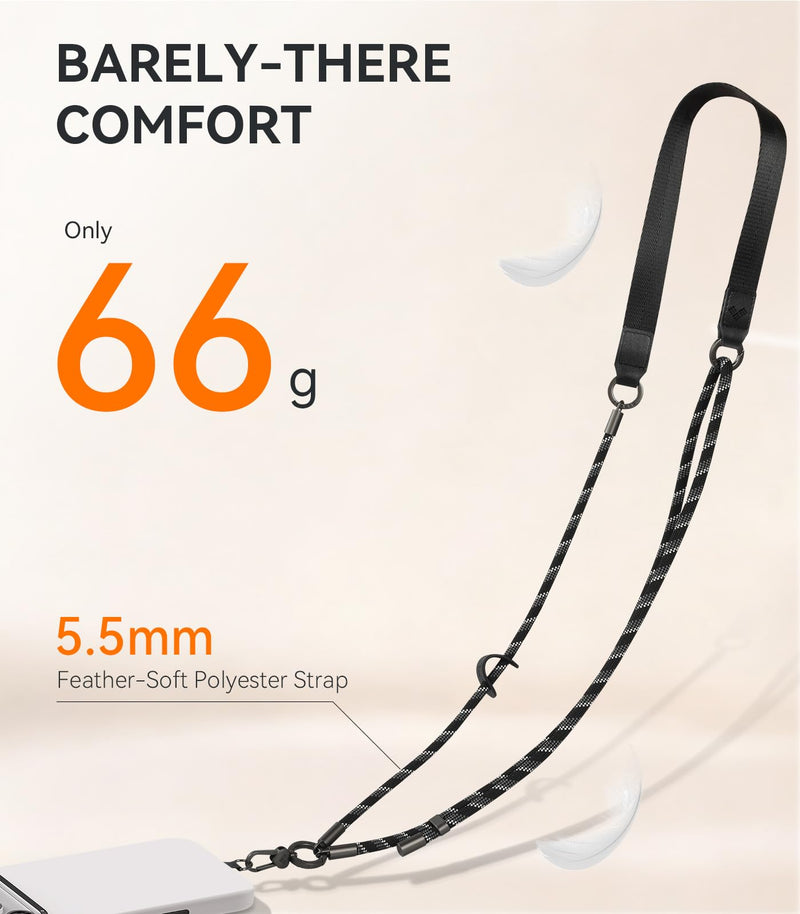 memumi 3-in-1 Anti-Theft Phone Lanyard Crossbody & Wrist Strap for iPhone & Android, Adjustable 32.6–63.7" Neck Strap, 20mm Wide Shoulder-Friendly Band with 2 Non-Scratch Phone Tabs – Midnight Black