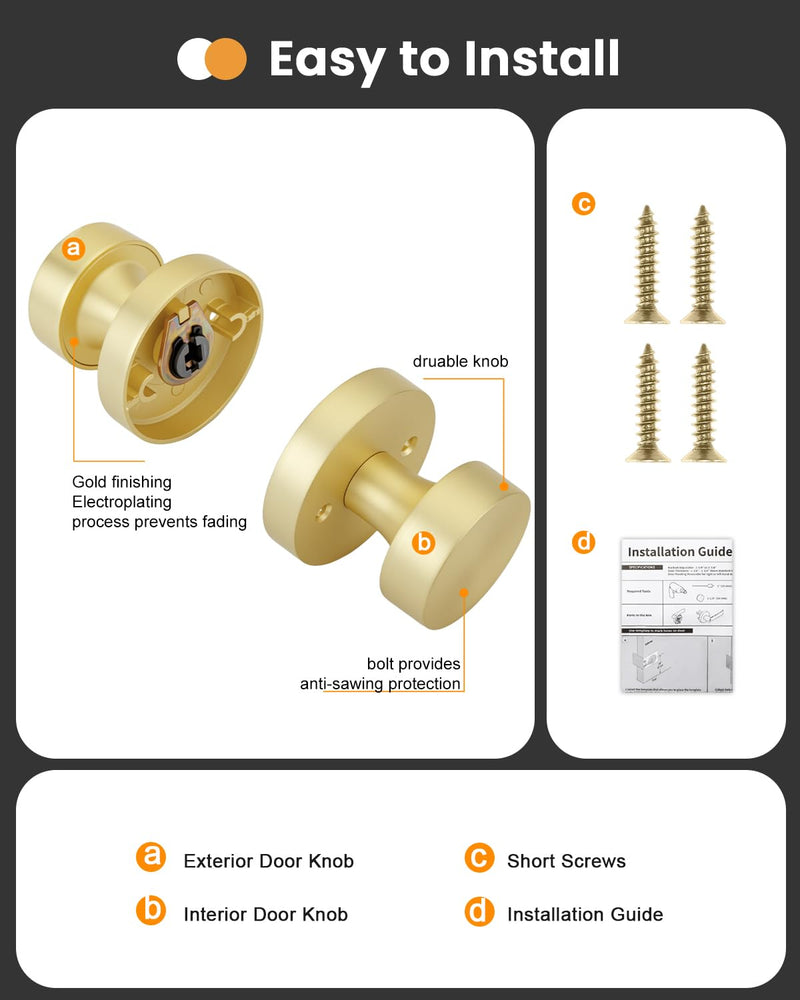 Goldenwarm Gold Door Knob Dummy, Zinc Alloy Keyless Brushed Gold Door Knobs for Closet and Bifold - Single Side Non Turning (1 Pack/2 Pieces) 1