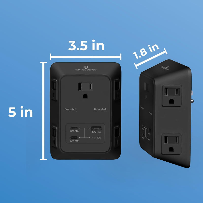 Travel Depot PD USB Wall Charger Surge Protector, 5 Outlet, (Black) | Extender 2 USB C & 1 USBA Charging Ports, Fast Charge 3 Sided Power Strip Multi Plug Outlets Wall Adapter for Home Office Black
