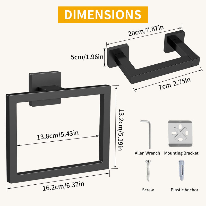 Toilet Paper Holder Wall Mount, Stainless Steel Hand Towel Holder and Tissue Roll Toilet Paper Holder Set for Bathroom, RV, Kitchen, Matte Black Bathroom Accessories Hardware Set