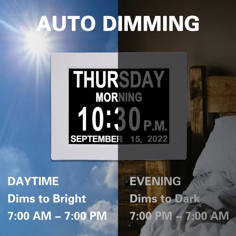 【New 2026】 Digital Calendar Alarm Day Clock - with 8" Large Screen Display, am pm, Multiple Alarms, for Impaired Vision People, The Aged Seniors, The Dementia, for Desk, Wall Mounted, White 8''