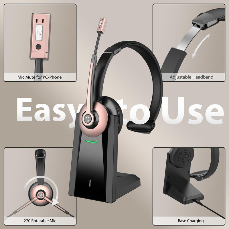 Bluetooth Headset, Wireless Headset with Noise Cancelling Microphone & Mute Function for Work, On Ear Wireless Headphones with USB Dongle & Charging Base for Work from Home Computer Office Call Center Rose Gold