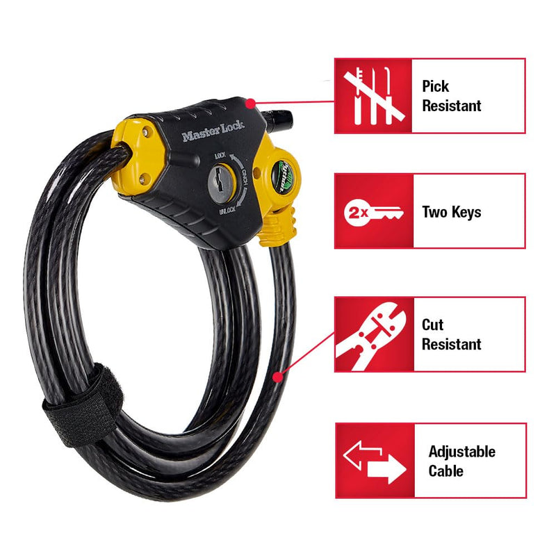 Master Lock Black and Yellow Python Cable Lock with Key, Outdoor Lock for Bikes, Trail Cameras, and Other Equipment, 6 Foot Long x 3/8-Inch Diameter, 8413DPF 6' x 3/8" diameter