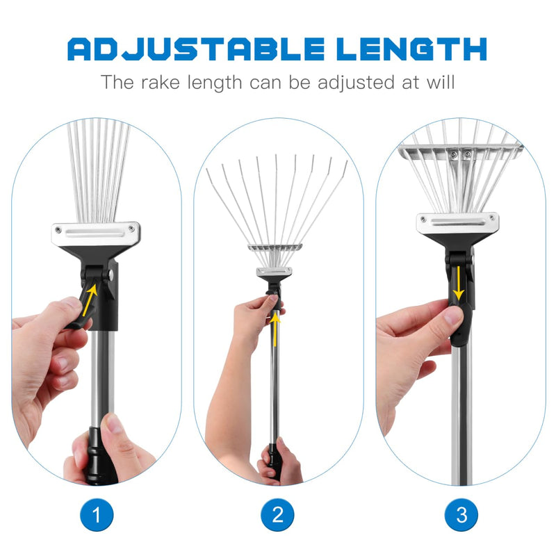 Toyandona Telescopic Leaf Rake Adjustable Retractable Lawn Rake for Leaves and Grass with Lightweight Anti-Skid Handle Garden Yard Tool 28.34In