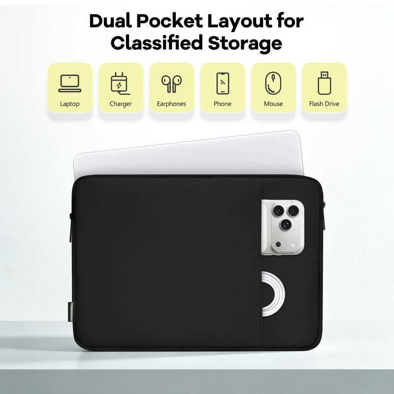 Dadanism 13 Inch Laptop Case for MacBook Neo 13" 2026 A3404/A18 Pro, Black | Protective Case with Shockproof Soft Lining, Slim Travel Bag with Extra Pocket for Mouse Charger & Small Accessories
