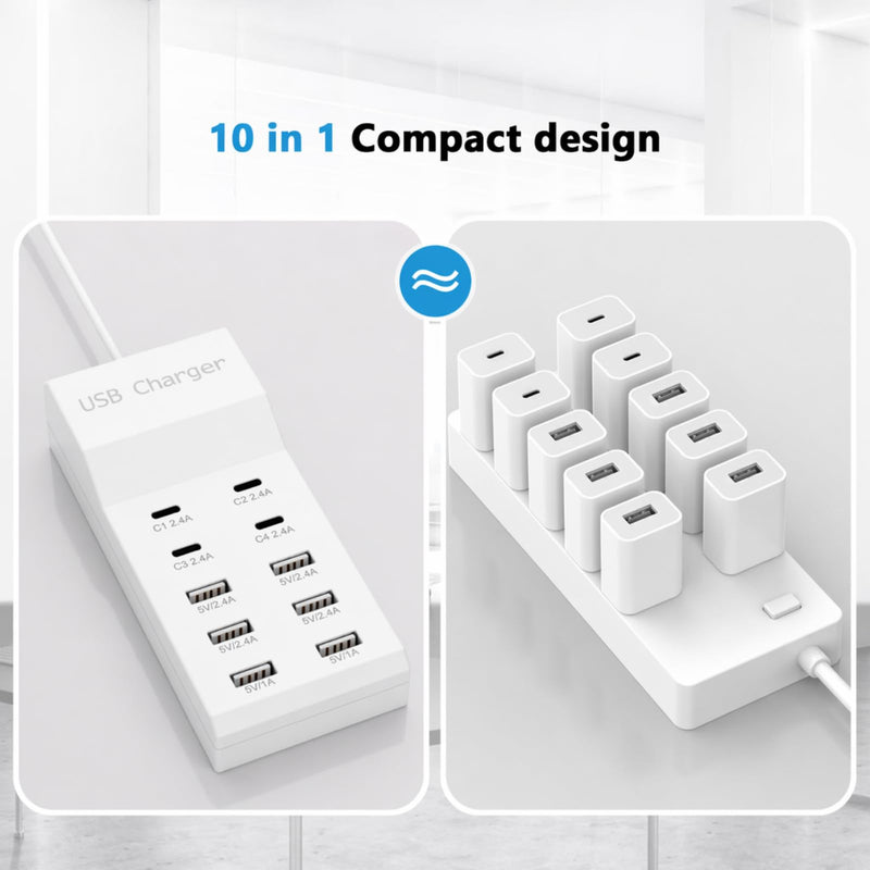 Multiple USB Charging Station for Multiple Devices USB Power Strip | 10 port USB charging block with 4 USB C and 6 USB A charging ports,USB Charging Hub for home office use White