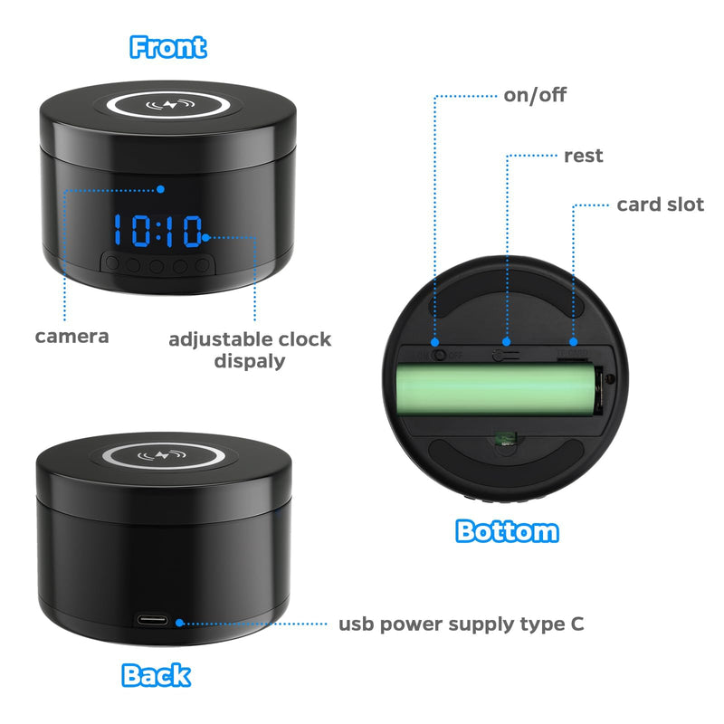 Indoor Camera with Clock and Wireless Charging, 1080P WiFi Cameras for Home, Security Camera with Motion Detection, Night Vision, Local & Cloud Storage,with APP (Black) Black