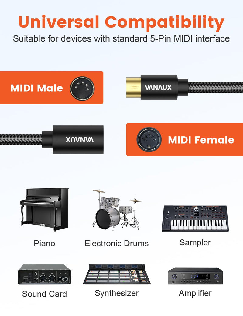 VANAUX MIDI Extension Cable Male to Female 5-Pin MIDI Cable Compatible with MIDI Keyboard, Keyboard Synth, Rack Synth, Sampler, External Sound Card, Sound Source and More-Black (10FT/3M) 10FT/3M