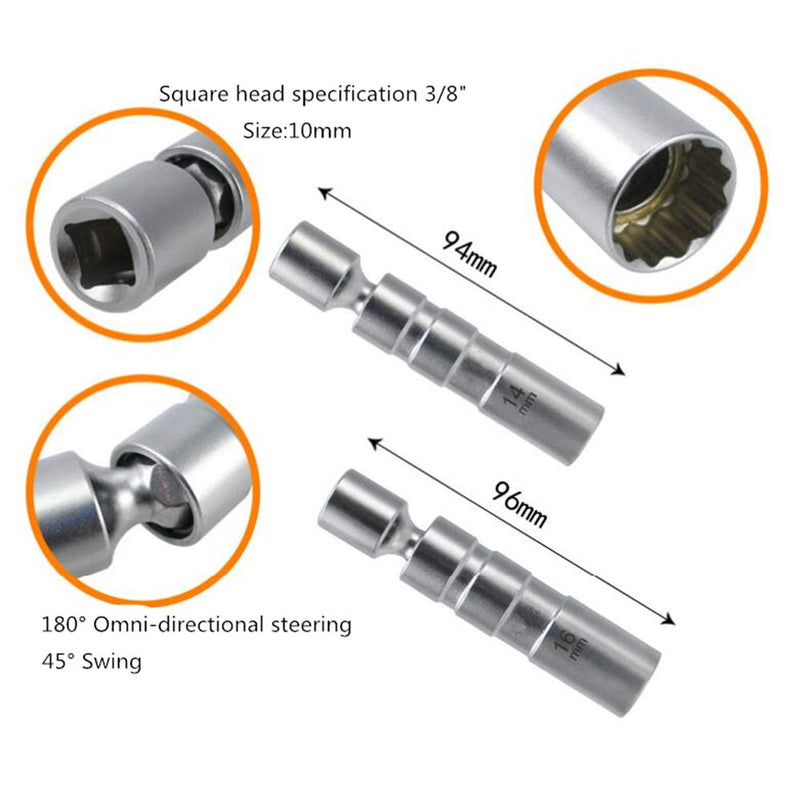 QISF 14MM & 16MM Swivel Extension Spark Plug Socket Thin Wall Magnetic 12-Point Removal Tool + 3/8-Inch Drive Sliding T bar Torque Spanner Extension Kit 10inch/25cm to Most Confined Areas
