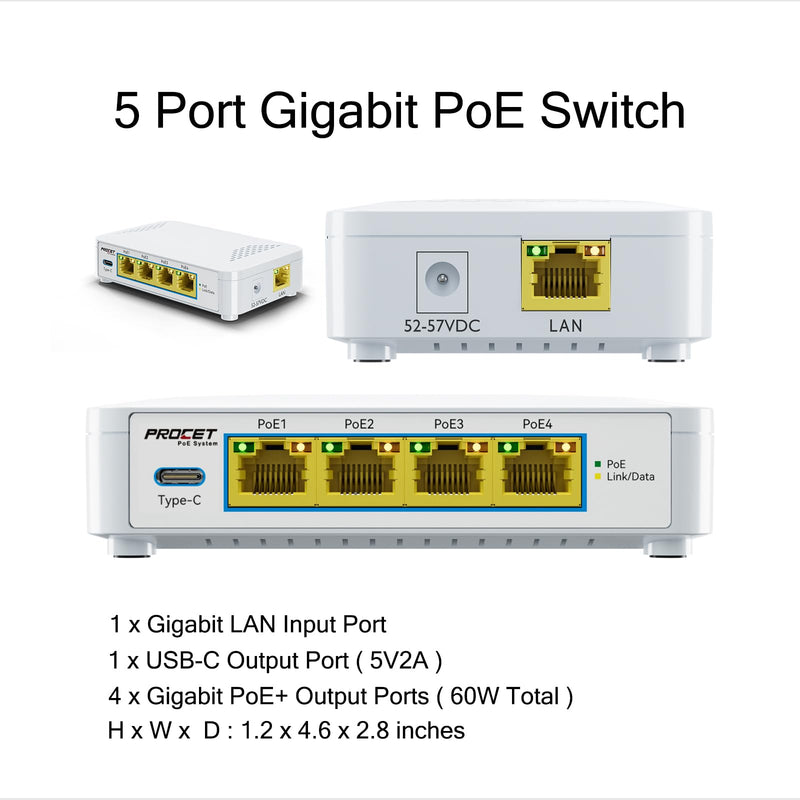 EN-S4P1C 5 Port PoE Switch - 4 PoE+ Ports & 1 USB-C, Unmanaged Network Switch