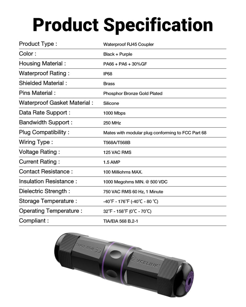 VCELINK IP68 Waterproof RJ45 Coupler (4.43in) - 1000Mbps Shielded Outdoor Ethernet Extender, Tool-Free Cat6/5e/5 PoE+ Compatible, 6-Pack