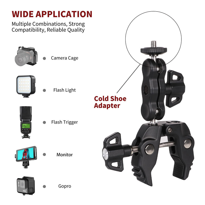 Camera Clamp Mount, Magic Arm with Double Ball Head Adapter and Clamp, with 1/4"-20 Screw and 3/8"-16 Screw Hole, for Gopro/Insta360 /Camera Monitor/LED Lights/DSLR RW9C ECO Series