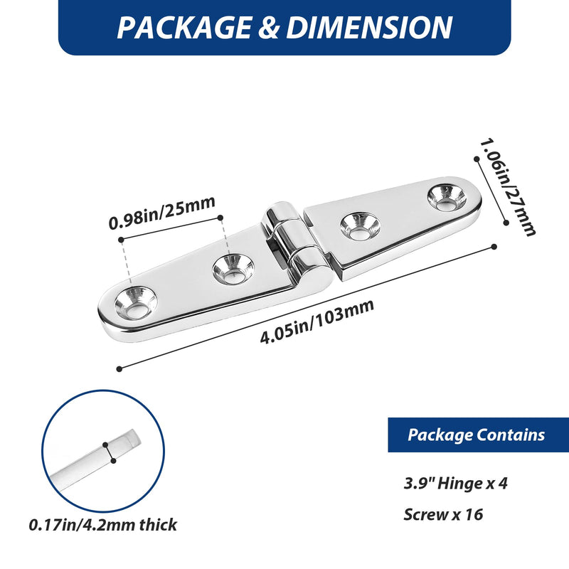 316 Stainless Steel Boat Hinges, Strap Hinge 4 x 1 in, 4 Pack | Marine grade flat strap hinge with screws, 270° rotation; for boat hatch, toolbox, cabinet, deck lid, RV and dock box. 4x1 Inch-4 Pack