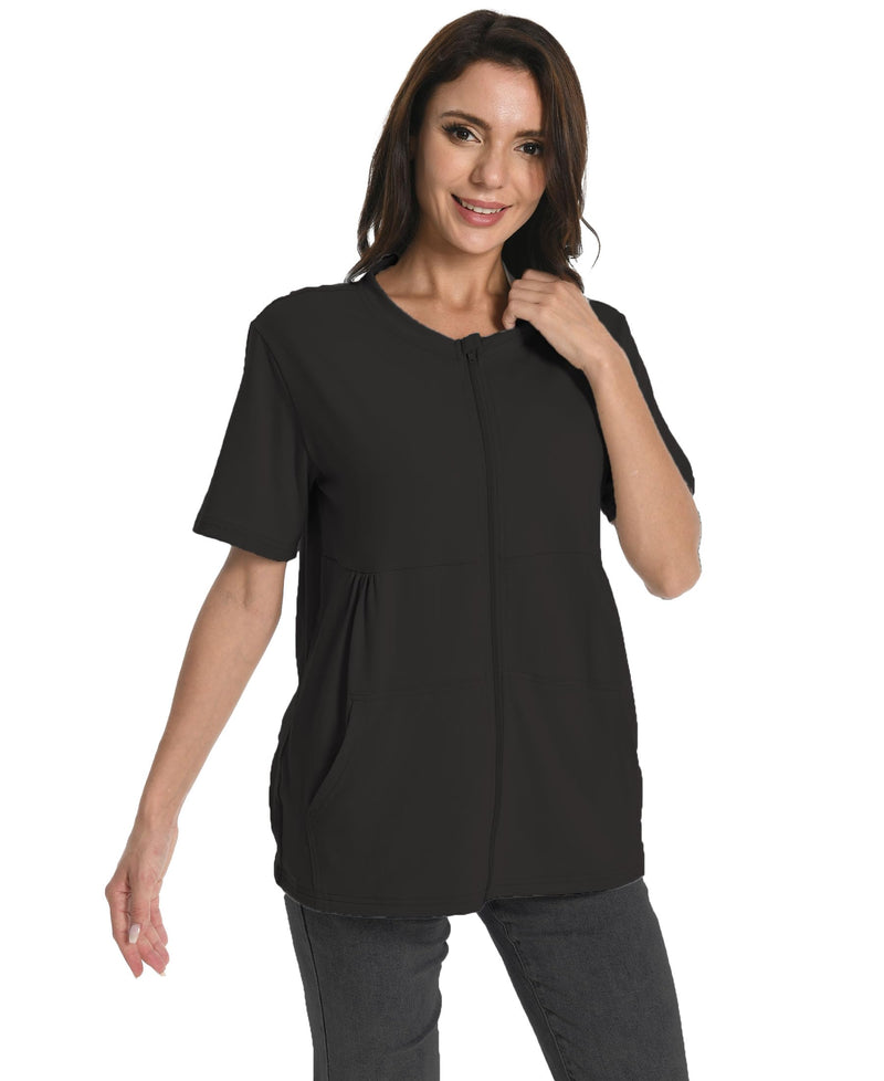 Post Mastectomy Zip Up Shirts with Drain Pockets Surgery Recovery Must Haves Clothing Comfy Short Sleeve Shirts Black Large