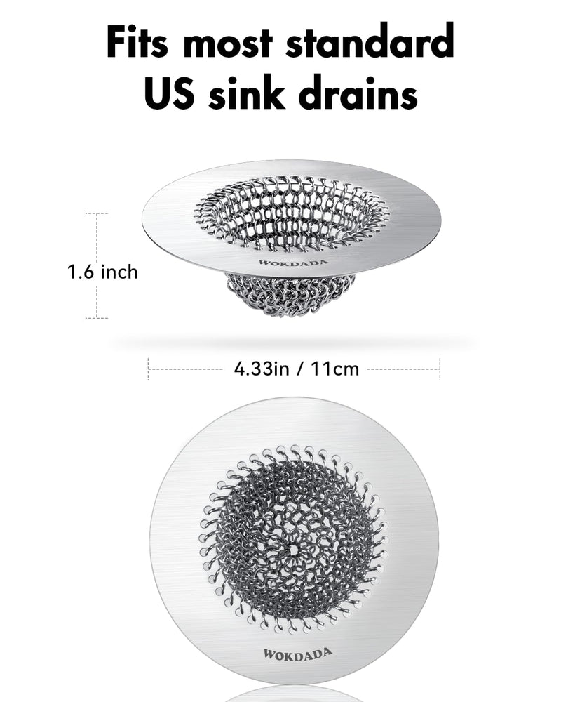 Wokdada 2 PCS Kitchen Sink Drain Strainer, Flippable Mesh Sink Strainer, 304 Stainless Steel Sink Screen, Easy Clean Large Basket Strainer, Anti-Clog Garbage Disposal Cover Fit for Standard Sink Drain Bright Silver Silver