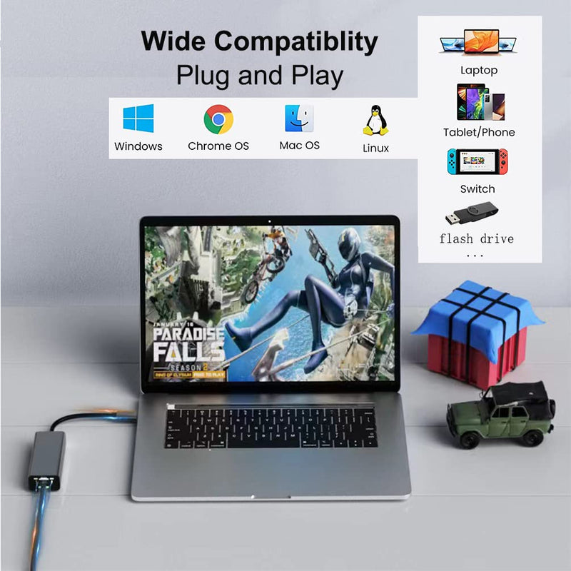 DTECH 3 Port USB to Ethernet Adapter USB 3.0 Hub 10/100/1000 mbps Gigabit Wired Network Cable Converter for Laptop Notebook Desktop Computer Keyboard Router Modem Internet