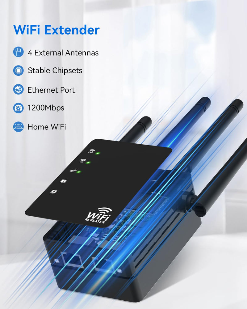 WiFi Extender Signal Booster for Home, WiFi Extender, Long Range up to 12880 Sq Ft and 105 Devices, Internet Extender WiFi Booster, WiFi Repeater with Ethernet Port, Signal Booster(Black) Black-A