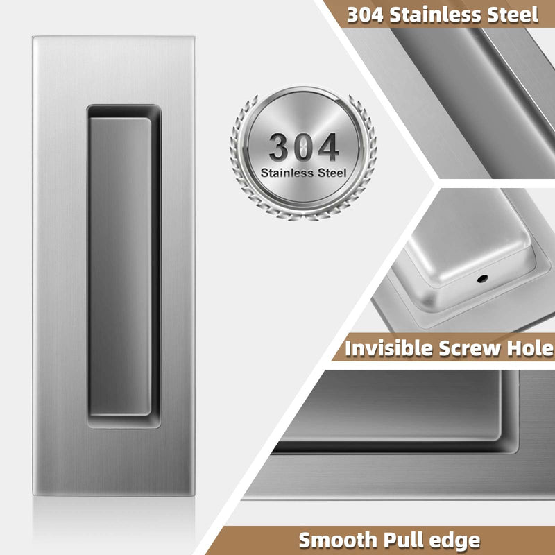 6-Inch Pocket Door Hardware Set - Complete 304 Stainless Steel Kit with Pop-Out Ring Pocket Door Handle, Edge Pull,Door Thickness Minimum 1 7/14 inches Silver