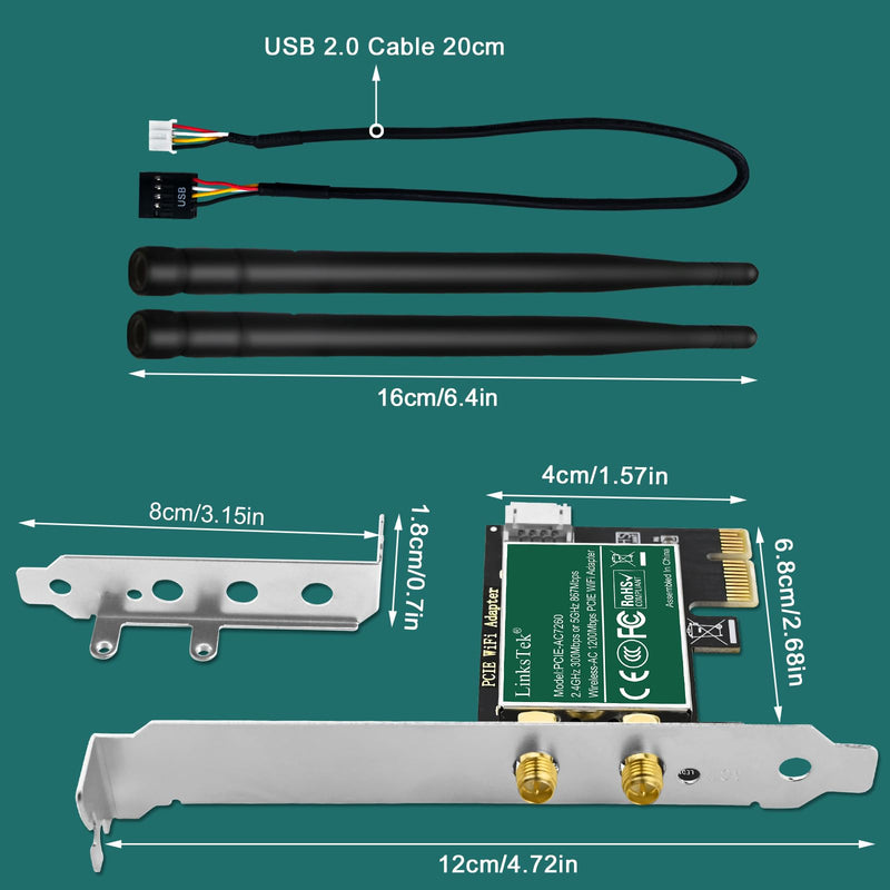 Wireless-AC 1200Mbps (2.4GHz 300Mbps and 5GHz 867Mbps) PCIE WiFi Adapter, PCIE WiFi Card, Intel Wireless-AC 7265 Network Adapter for Windows 11,10, 8.x, 7 (32/64bit) Desktop PCs (PCIE-AC7265)