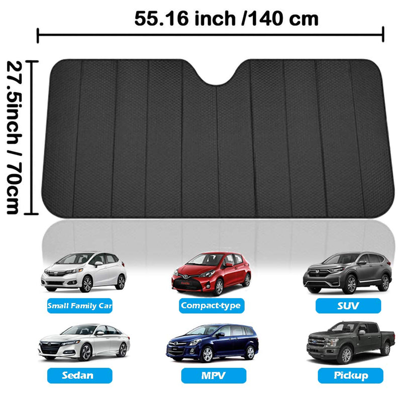Big Hippo Front Car Sun Shade Windshield, Jumbo/Standard Sunshade Keeps Vehicle Cool UV Ray Sun Visor Protector Sunshades - Easy to Use Folding Sun Shade - Silver/Black Sides(Size: 55.16 X 27.5inch) black Black-55.16 x 27.5 inches